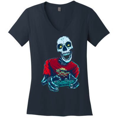 Scary Gamer Skeleton Playing Video Games Graphic Women's V-Neck T-Shirt