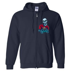 Scary Gamer Skeleton Playing Video Games Graphic Full Zip Hoodie