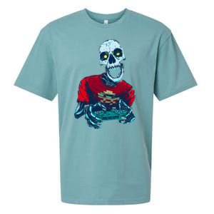 Scary Gamer Skeleton Playing Video Games Graphic Sueded Cloud Jersey T-Shirt