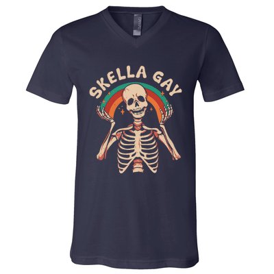 Skella Gay Skeleton Lgbtq Gay Queer Lesbian Pride Month V-Neck T-Shirt