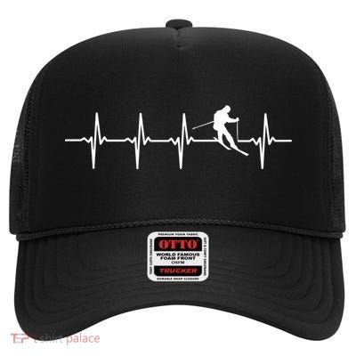 Skiing Gift Ski Heartbeat Gift For Skiers Cool Gift High Crown Mesh Back Trucker Hat