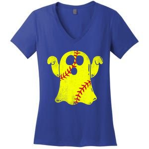 Softball Ghost Softball Lover Halloween Costume Women's V-Neck T-Shirt