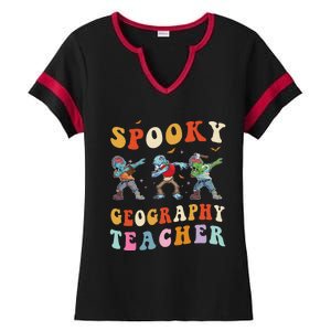 Spooky Geography Teacher Zombie Groovy Halloween Ghost Ladies Halftime Notch Neck Tee