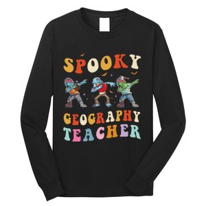 Spooky Geography Teacher Zombie Groovy Halloween Ghost Long Sleeve Shirt