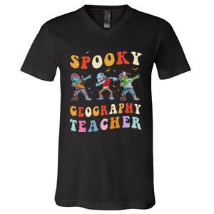 Spooky Geography Teacher Zombie Groovy Halloween Ghost V-Neck T-Shirt