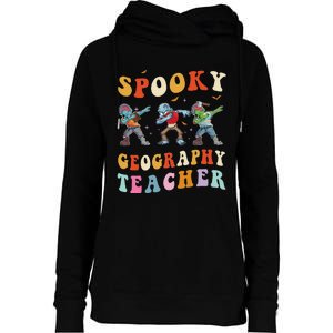 Spooky Geography Teacher Zombie Groovy Halloween Ghost Womens Funnel Neck Pullover Hood