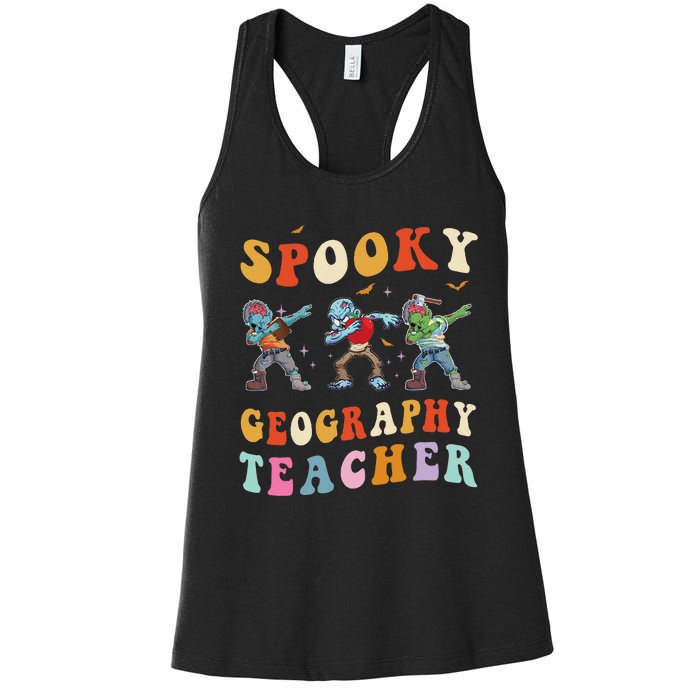 Spooky Geography Teacher Zombie Groovy Halloween Ghost Women's Racerback Tank