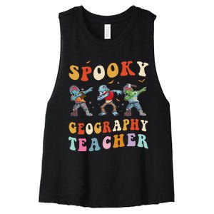 Spooky Geography Teacher Zombie Groovy Halloween Ghost Women's Racerback Cropped Tank