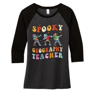 Spooky Geography Teacher Zombie Groovy Halloween Ghost Women's Tri-Blend 3/4-Sleeve Raglan Shirt