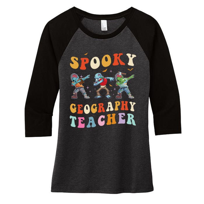 Spooky Geography Teacher Zombie Groovy Halloween Ghost Women's Tri-Blend 3/4-Sleeve Raglan Shirt