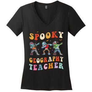 Spooky Geography Teacher Zombie Groovy Halloween Ghost Women's V-Neck T-Shirt