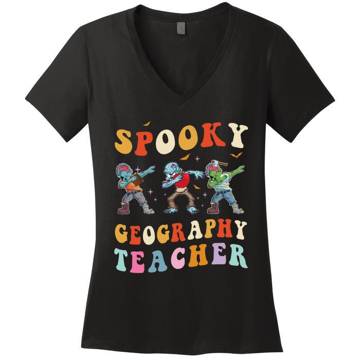 Spooky Geography Teacher Zombie Groovy Halloween Ghost Women's V-Neck T-Shirt