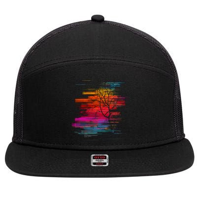 Sunset Glitch Tree 7 Panel Mesh Trucker Snapback Hat