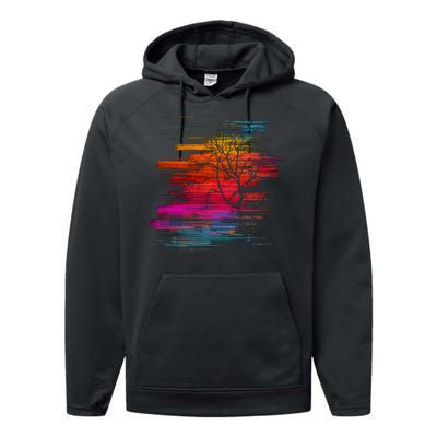 Sunset Glitch Tree Performance Fleece Hoodie