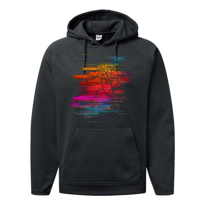 Sunset Glitch Tree Performance Fleece Hoodie