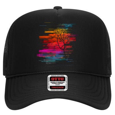 Sunset Glitch Tree High Crown Mesh Back Trucker Hat