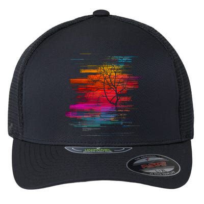 Sunset Glitch Tree Flexfit Unipanel Trucker Cap