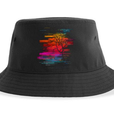 Sunset Glitch Tree Sustainable Bucket Hat