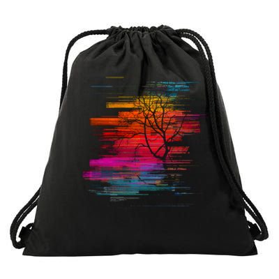 Sunset Glitch Tree Drawstring Bag