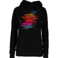 Sunset Glitch Tree Womens Funnel Neck Pullover Hood