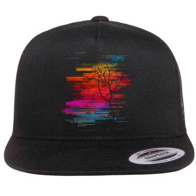 Sunset Glitch Tree Flat Bill Trucker Hat