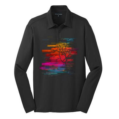 Sunset Glitch Tree Silk Touch Performance Long Sleeve Polo