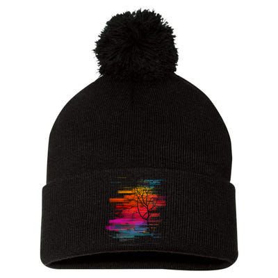 Sunset Glitch Tree Pom Pom 12in Knit Beanie