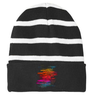 Sunset Glitch Tree Striped Beanie with Solid Band