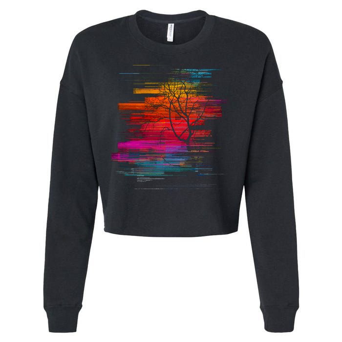 Sunset Glitch Tree Cropped Pullover Crew