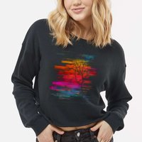 Sunset Glitch Tree Cropped Pullover Crew