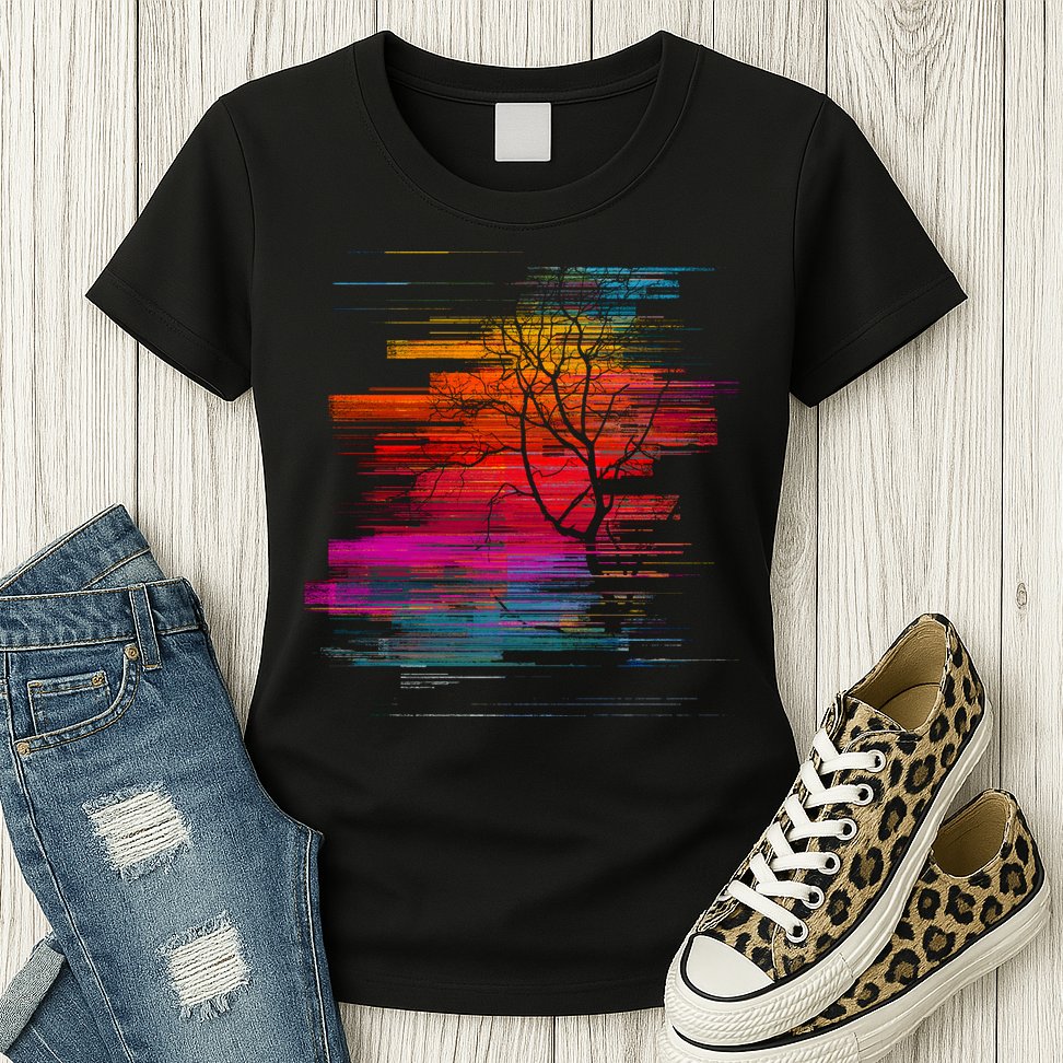 Sunset Glitch Tree Womens T-Shirt