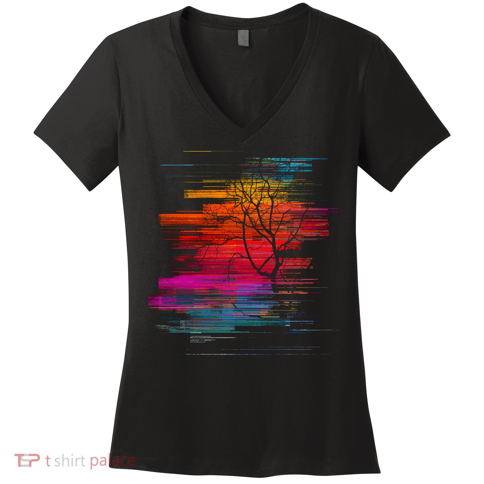 Sunset Glitch Tree Women's V-Neck T-Shirt