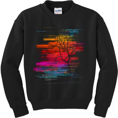 Sunset Glitch Tree Kids Sweatshirt