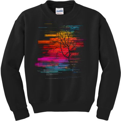 Sunset Glitch Tree Kids Sweatshirt