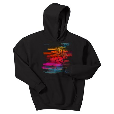 Sunset Glitch Tree Kids Hoodie