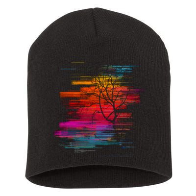 Sunset Glitch Tree Short Acrylic Beanie