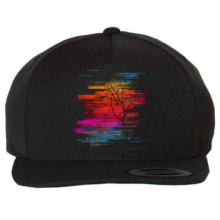 Sunset Glitch Tree Wool Snapback Cap