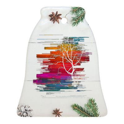 Sunset Glitch Tree Ceramic Bell Ornament