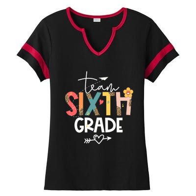 Sixth Grade Teacher Retro Groovy Design Leopard 6Th Grade Gift Ladies Halftime Notch Neck Tee