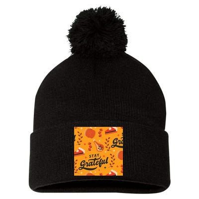 Stay Grateful Thanksgiving Holiday Pom Pom 12in Knit Beanie