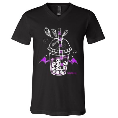 Spookscene Ghos Tea Spooky Boba Emo Goth Alt Purple V-Neck T-Shirt