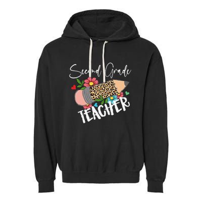 Second Grade Teacher Leopard Pencil 2nd Grade Teacher Garment-Dyed Fleece Hoodie