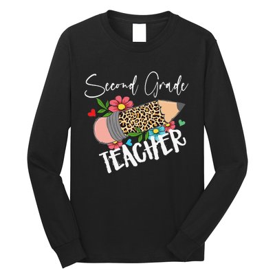 Second Grade Teacher Leopard Pencil 2nd Grade Teacher Long Sleeve Shirt