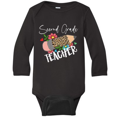 Second Grade Teacher Leopard Pencil 2nd Grade Teacher Baby Long Sleeve Bodysuit