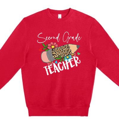 Second Grade Teacher Leopard Pencil 2nd Grade Teacher Premium Crewneck Sweatshirt