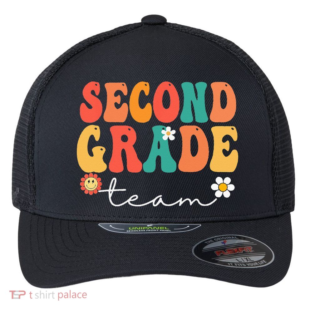 Second Grade Team Retro Groovy Vintage First Day Of School Flexfit Unipanel Trucker Cap