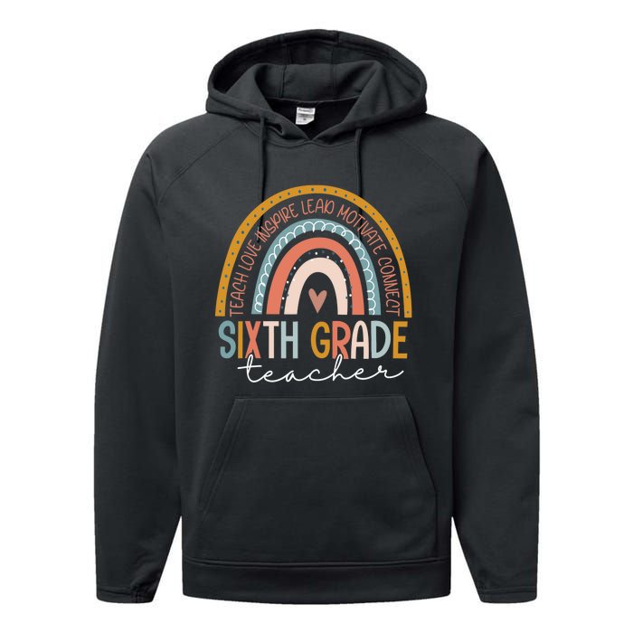 Sixth Grade Teacher Teach Love Inspire Boho Rainbow Performance Fleece Hoodie