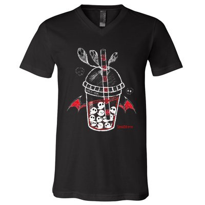 Spookscene Ghos Tea Spooky Boba Emo Goth Alt Red V-Neck T-Shirt