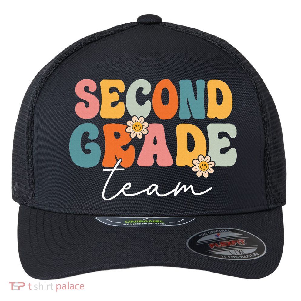 Second Grade Team Retro Groovy Back To School 2nd Grade Flexfit Unipanel Trucker Cap