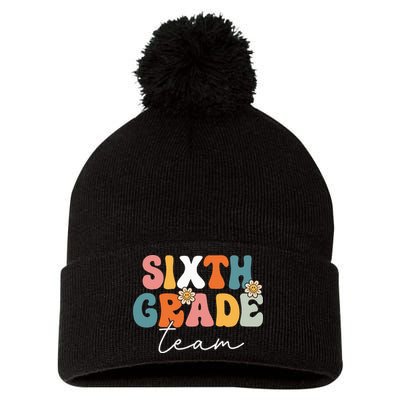 Sixth Grade Team Retro Groovy Back To School 6th Grade Pom Pom 12in Knit Beanie